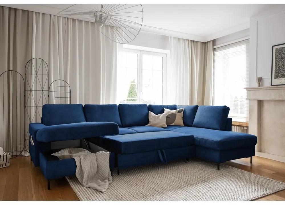 Colțar albastru închis extensibil cu tapițerie din catifea reiată (cu colț pe partea dreaptă) Lofty Lilly – Miuform