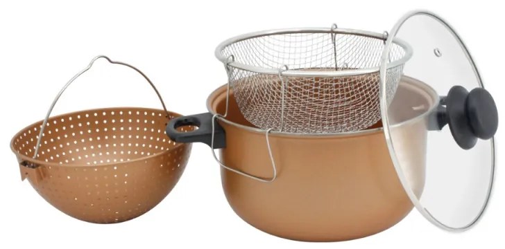 Resigilat: Oala cu strecuratoare si cos pentru prajit Voltz V51213C, 24 cm, 5.2 L, Capac sticla, Acoperire antiaderenta, Cupru