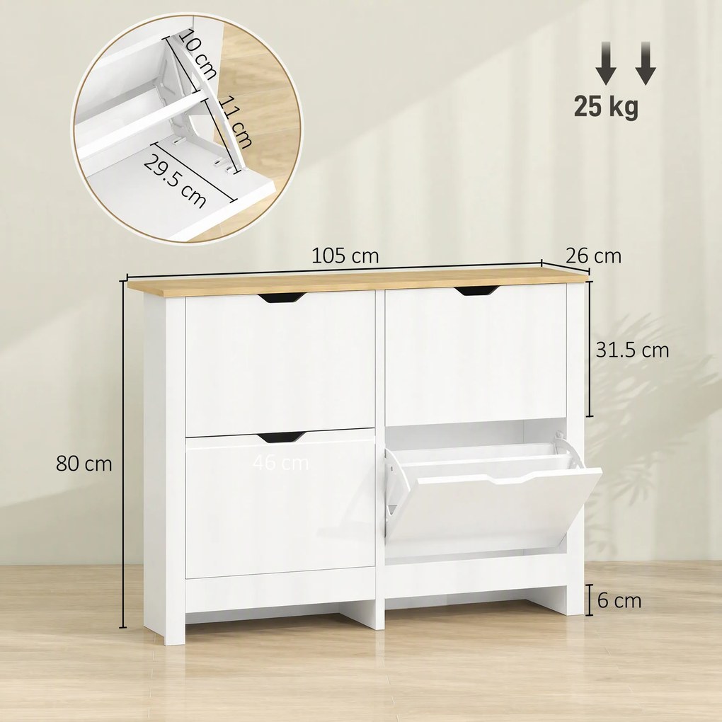HOMCOM Pantofar Modern pentru max. 16 Perechi, cu 4 Sertare Reglabile și Detașabile, din Lemn, 105x26x80 cm, Alb | Aosom Romania