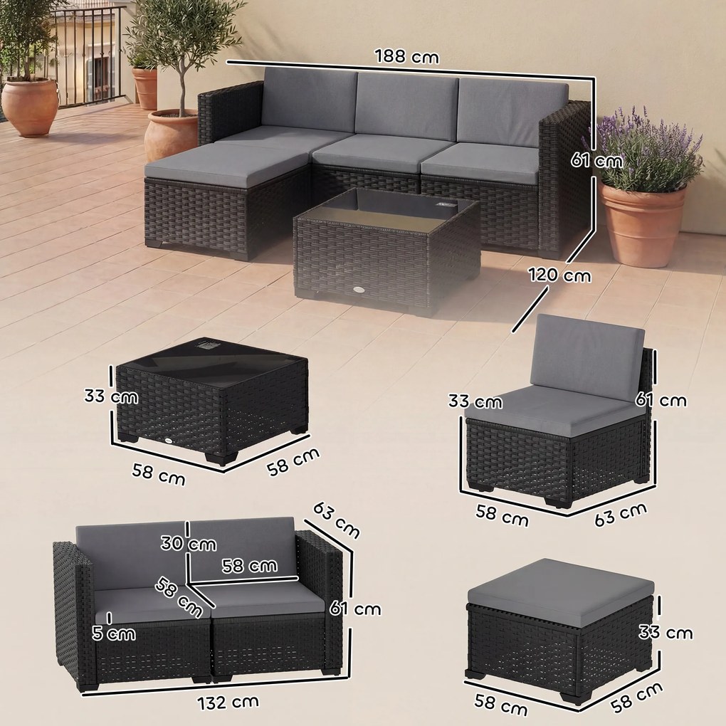 Outsunny Set Modular de Grădină din Rattan cu Perne, Canapea de Colț Gri, 5 Piese | Aosom Romania