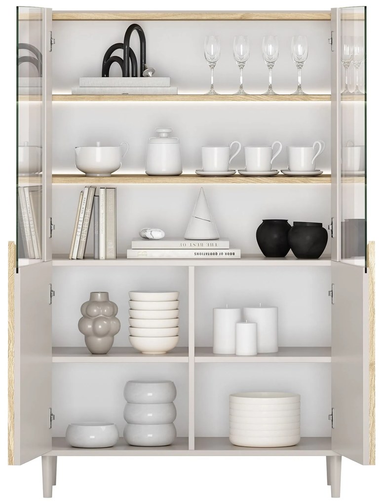 Vitrină cu picioare Amilio 100 cm, două uși - cașmir / stejar uleiat / mânere stejar deschis