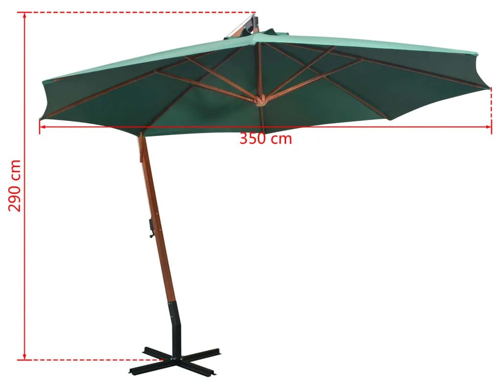 Umbrela de soare suspendata 350 cm, stalp din lemn, verde Verde