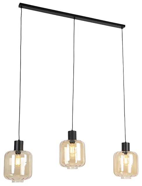 Lampă pendantă de design neagră cu sticlă chihlimbar 3 lumini 161,5 cm - Qara