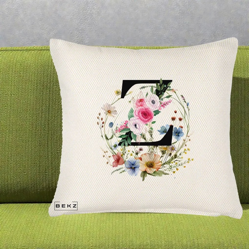 Cadou Personalizat - Perna Personalizata Monograma Florala Litera Z cu Coroana, 40x40 cm, Crem Reliefat, Husa Detasabila, Perna Inclusa, BEKZ®