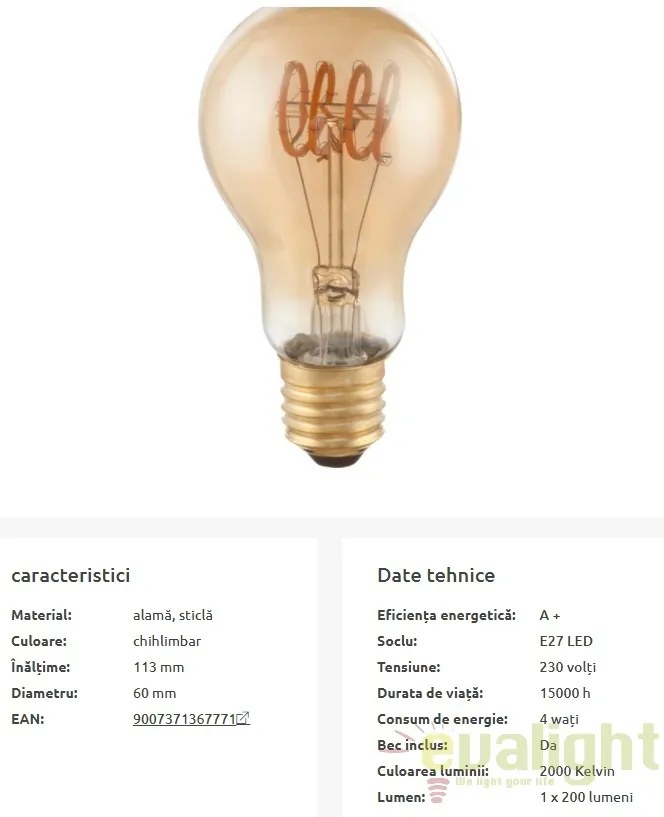 Bec decorativ Edison cu filament LED dimabil E27 4W 2000K DUBAN 11403F GL