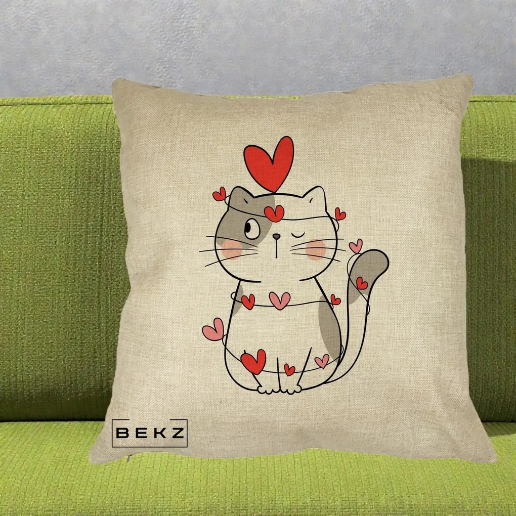 Perna Decorativa Pisica Kawaii cu Inimi, 40x40 cm, Crem, Husa Detasabila, Perna Inclusa, BEKZ®