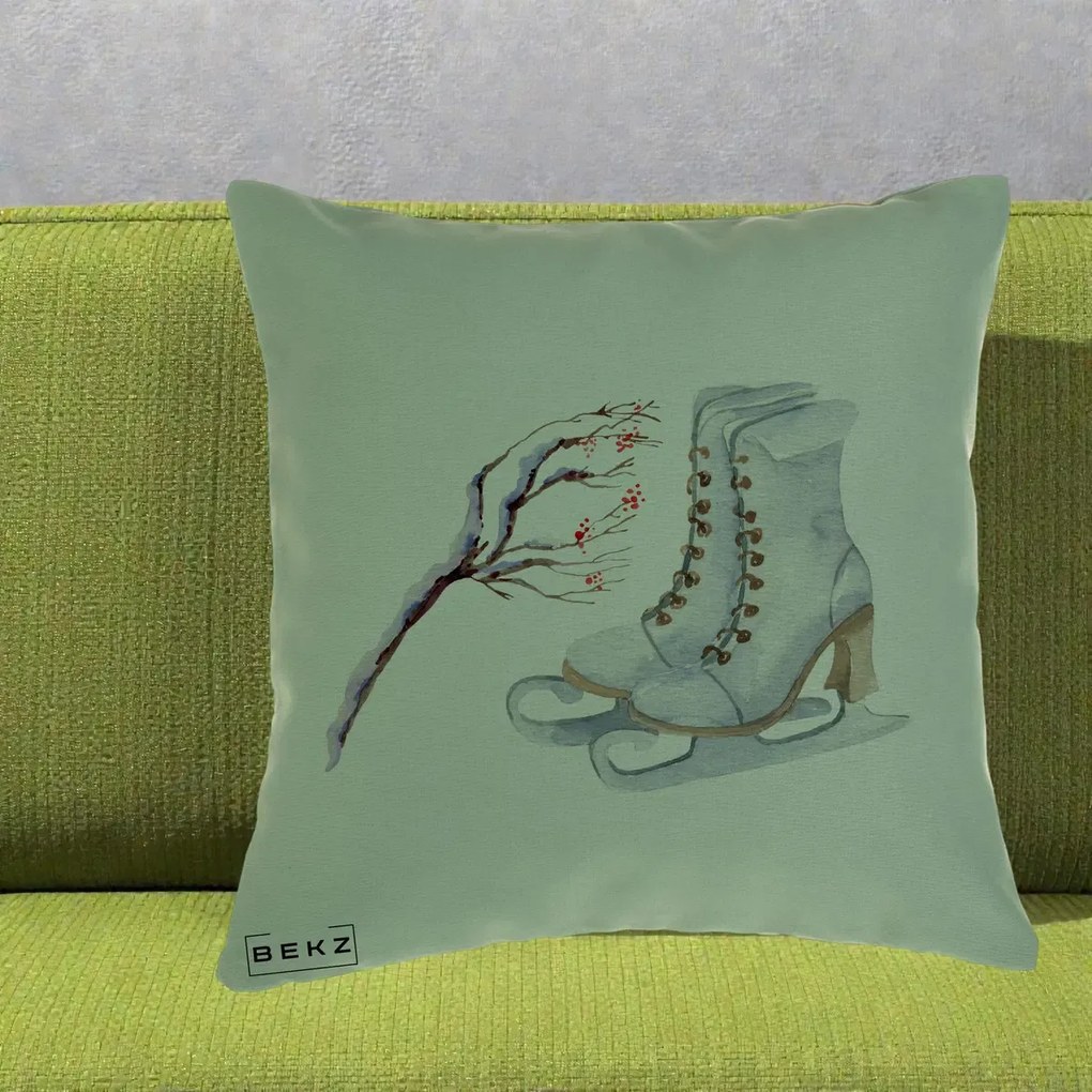Perna Decorativa Patine cu Ramuri Inzapezite, 40x40 cm, Verde, Husa Detasabila, Perna Inclusa, BEKZ®