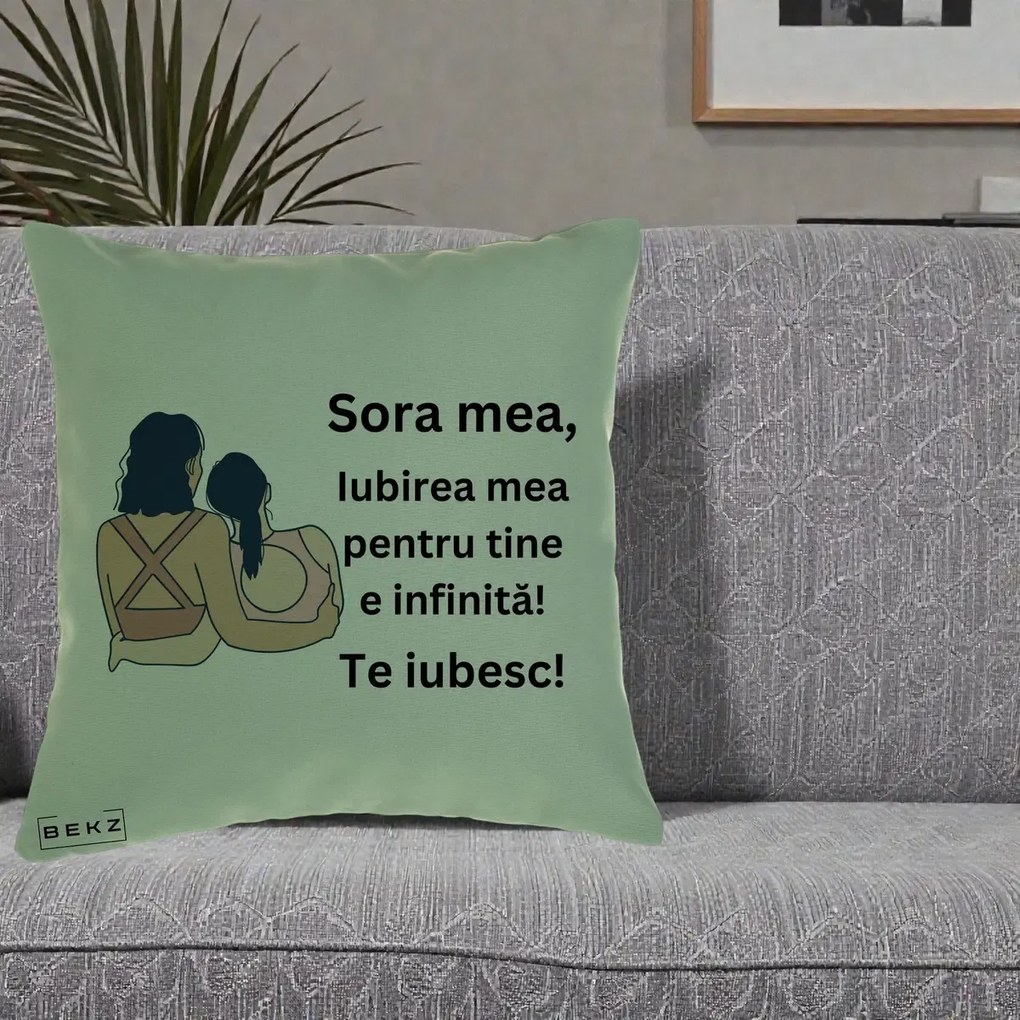 Cadou pentru Sora - Perna Personalizata Sora Mea Te Iubesc Doua Fete Fashioniste Line Art, 40x40 cm, Verde, Husa Detasabila, Perna Inclusa, BEKZ®