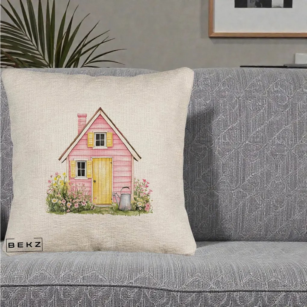 Perna Decorativa Casuta Roz Acuarela cu Gradina, 40x40 cm, Bej Canapea, Husa Detasabila, Perna Inclusa, BEKZ®