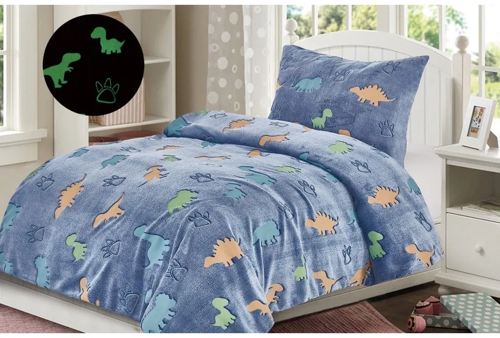 Lenjerie de pat fosforescenta din microplus LIZARDS albastru + cearceaf microplus SOFT 90x200 cm negru