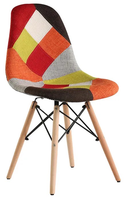 SCAUN JOY, MODEL PATCHWORK ORANGE, SEZUT TAPITAT TEXTIL, PICIOARE LEMN