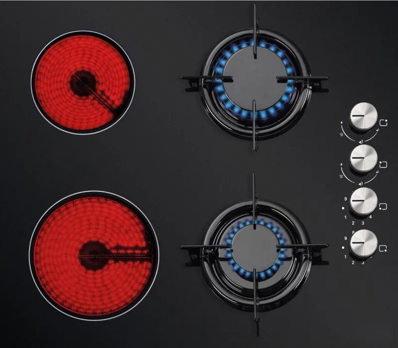 La mâna a doua: Plita combinată pe gaz si electric Luxell V6-22PYF, 2+2 gaz si electric, Aprindere automata, Sistem de siguranta, Negru