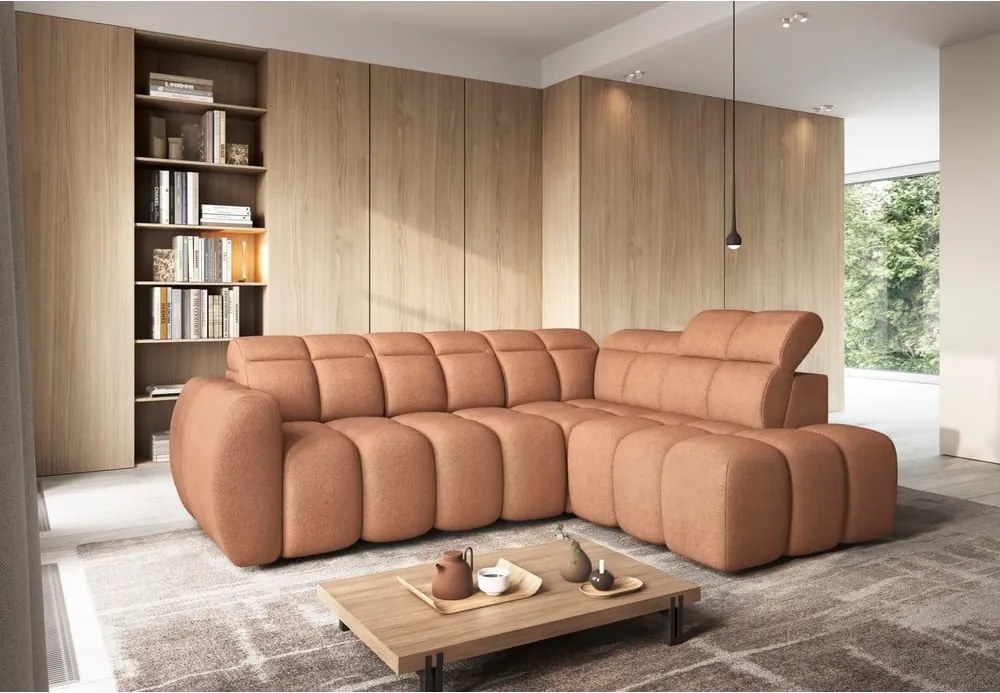 Colțar somon extensibil/cu spațiu de depozitare cu tapițerie din țesătură bouclé (cu colț pe partea dreaptă/în formă de ”L”) Falconn – ELTAP