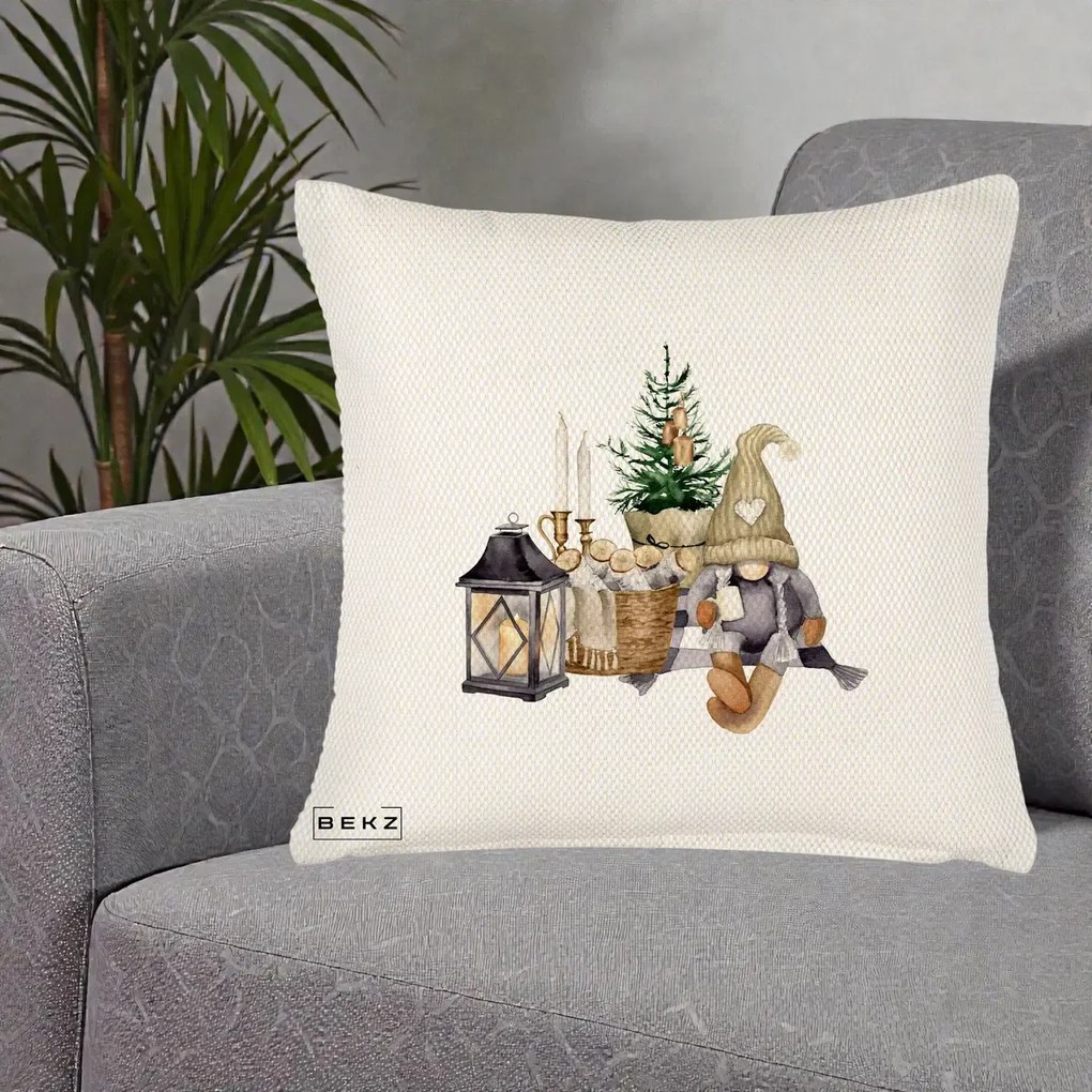 Perna Decorativa Gnom Scandinav cu Felinar, 40x40 cm, Crem Reliefat, Husa Detasabila, Perna Inclusa, BEKZ®