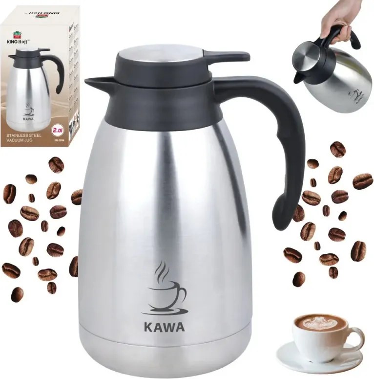 Termos de cafea pentru conferințe Kinghoff KH 2094, 2 l, pereți dubli, corp din oțel inoxidabil, inox/negru