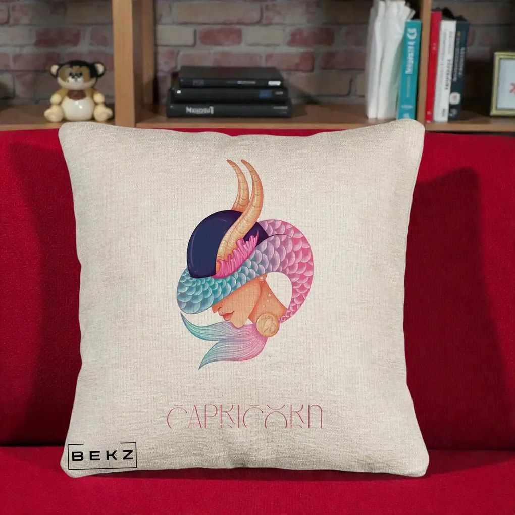 Perna Personalizata Zodiac Capricorn Cowgirl, 40x40 cm, Bej Canapea, Husa Detasabila, Perna Inclusa, BEKZ®