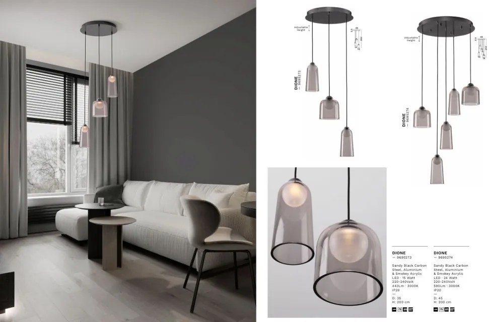 Lustra cu 3 pendule LED, Metal, Negru, Acrilic, DIONE