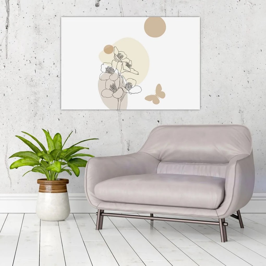 Tablou - Flori bej cu fluture N⁰4 (90x60 cm)