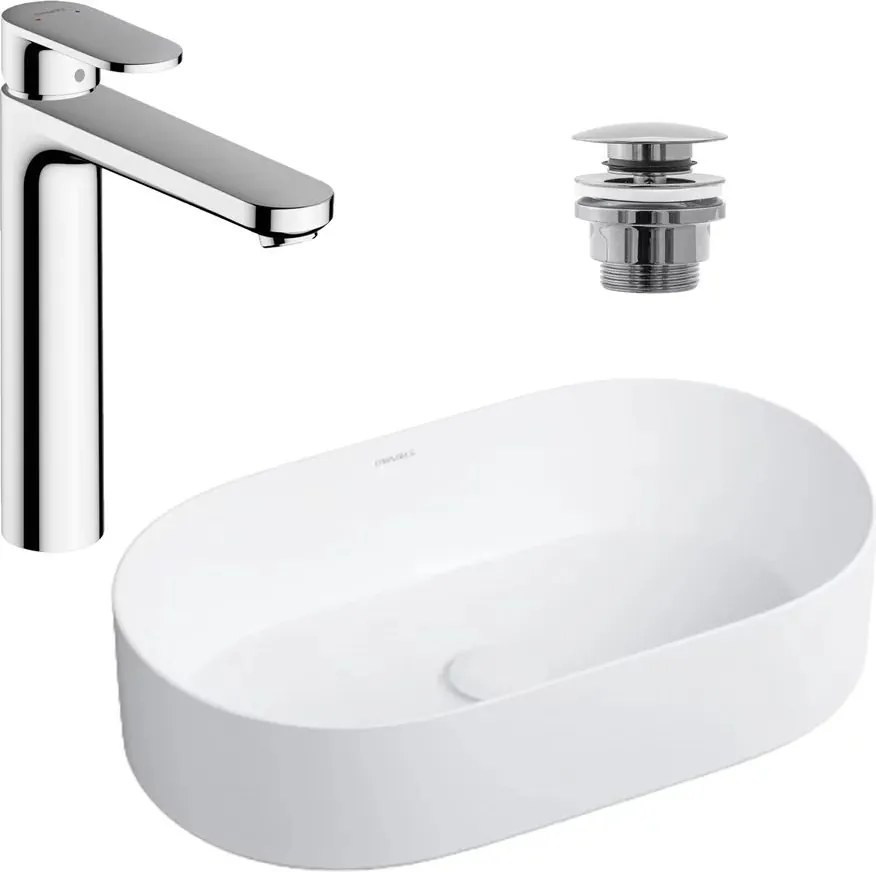 Pachet lavoar pe blat Omnires Mesa alb 53.5 cm, baterie lavoar Hansgrohe Vernis Blend 190 crom si ventil lavoar Click-Clack crom