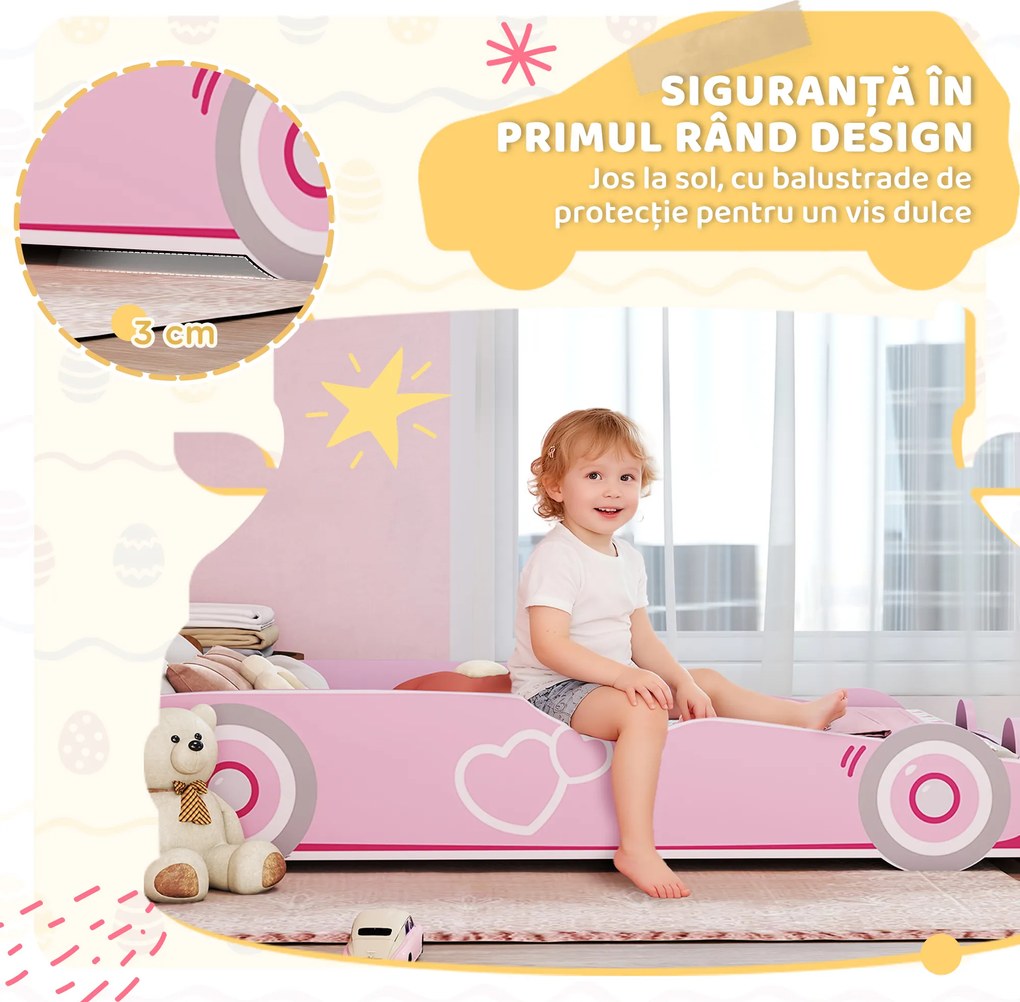 AIYAPLAY Pat pentru Copii de 3-5 Ani în Formă de Mașină cu Margini Ridicate de Siguranță, 140x70 cm, Roz | Aosom Romania