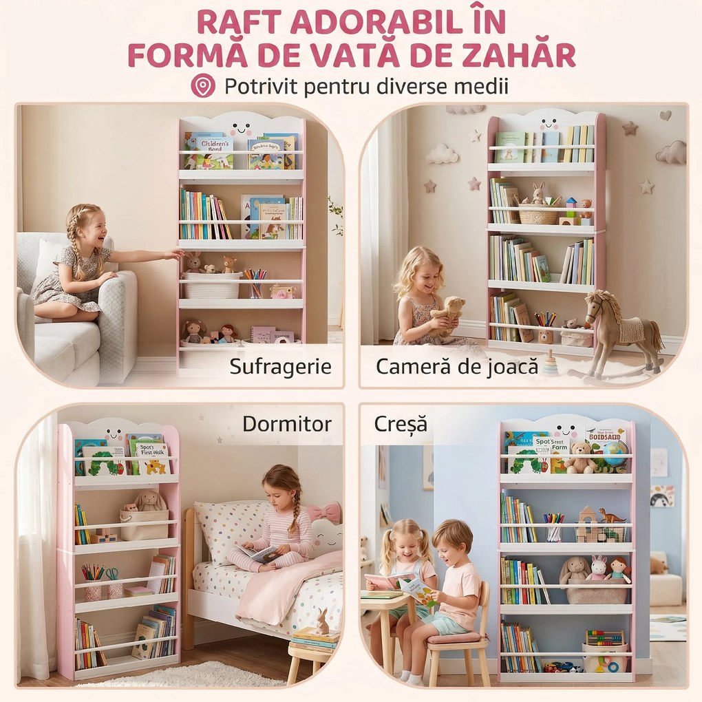 AIYAPLAY Bibliotecă Montessori Copii 3-6 Ani, Tematică Vată de Zahăr, 4 Rafturi din Lemn, Cameră Copii, Roz | Aosom Romania