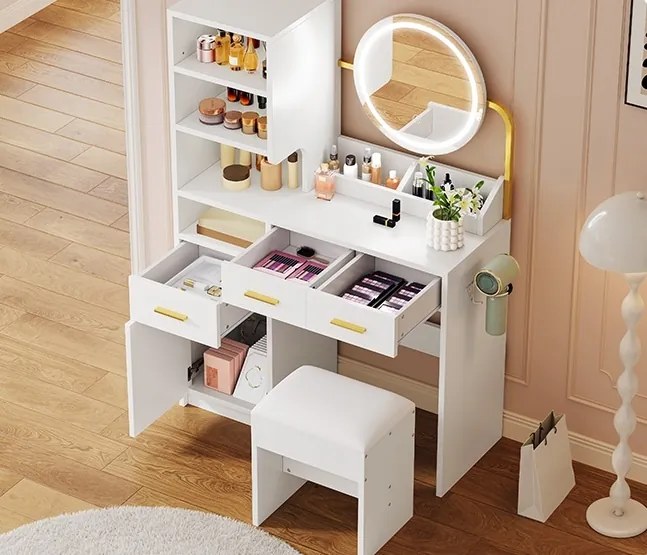 SEA825 - Set Masa toaleta 80 cm, 3 Sertare, Oglinda cu LED, Suport Uscator Par, masuta vanity, make-up cu Scaun - Alb - Auriu