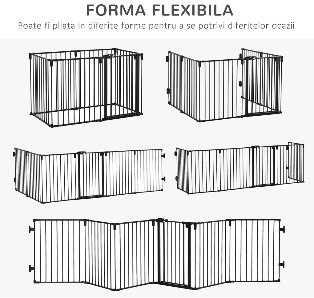 PawHut Poartă de Siguranță Pliabilă cu 6 Secțiuni pentru Câini cu Sistem Automat de Blocare și Închidere, 362,5x2x76 cm, Negru | Aosom Romania