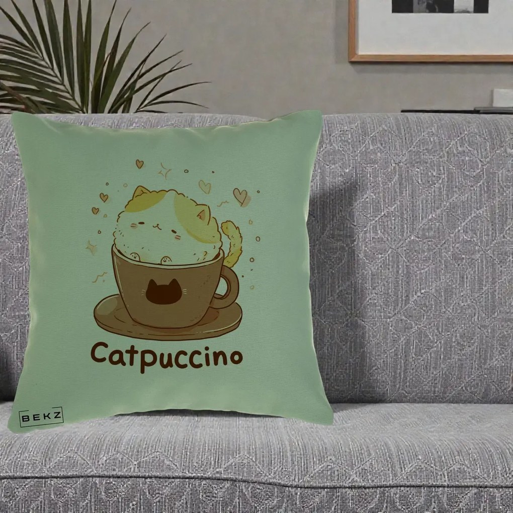 Perna Decorativa Catpuccino Pisica Cappuccino, 40x40 cm, Verde, Husa Detasabila, Perna Inclusa, BEKZ®