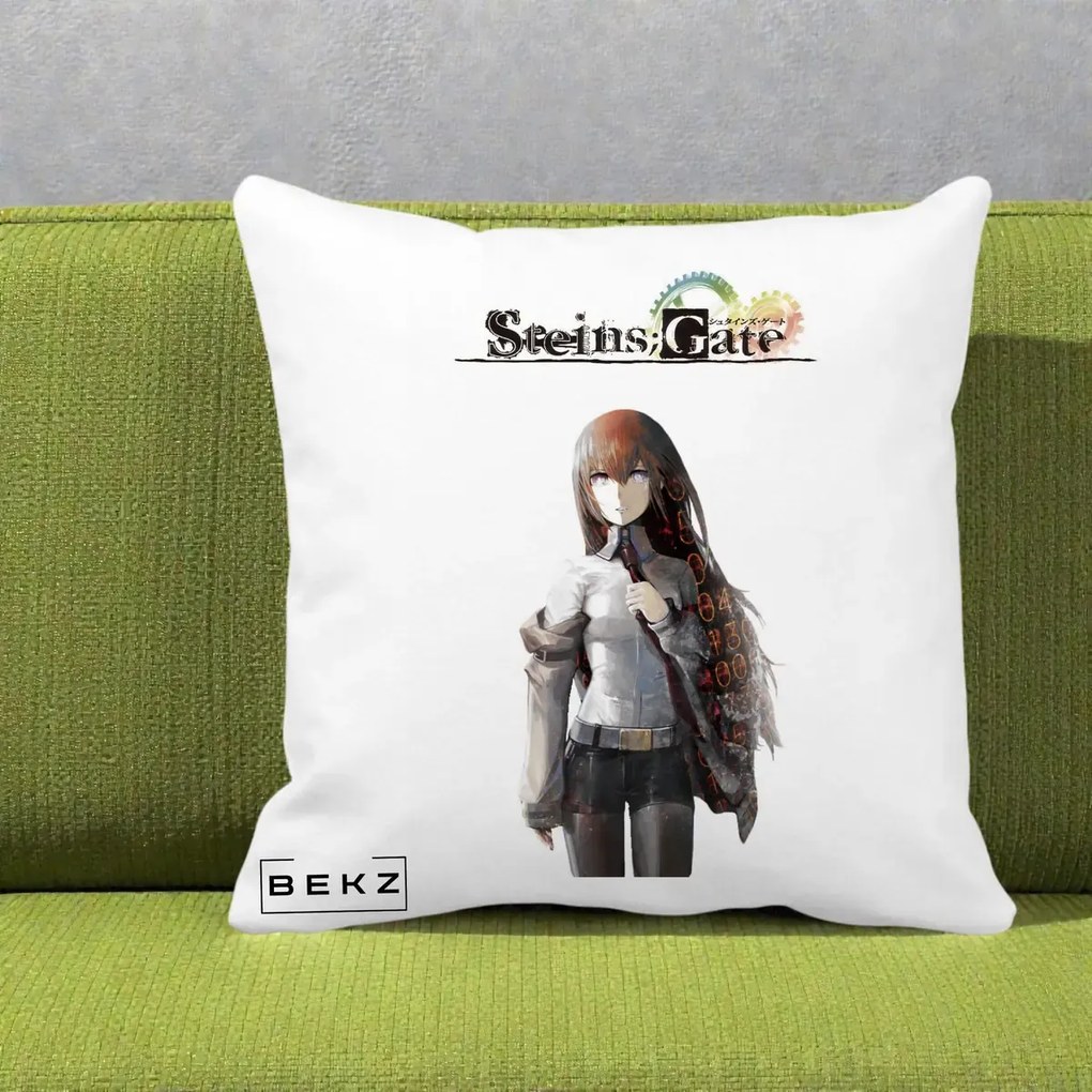 Perna Personalizata Steins Gate Kurisu Makise Anime, 40x40 cm, Alba Mata, Husa Detasabila, Perna Inclusa, BEKZ®