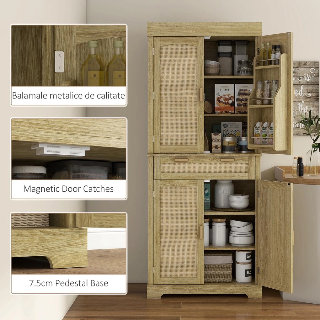 HOMCOM Dulap Bucătărie 76×40×183 cm cu 2 Uși și Sertar, Rafturi Condimente, Stejar | Aosom Romania