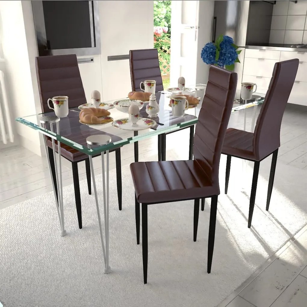 271693 vidaXL Set 4 scaune de culoare maro și masă de sticlă