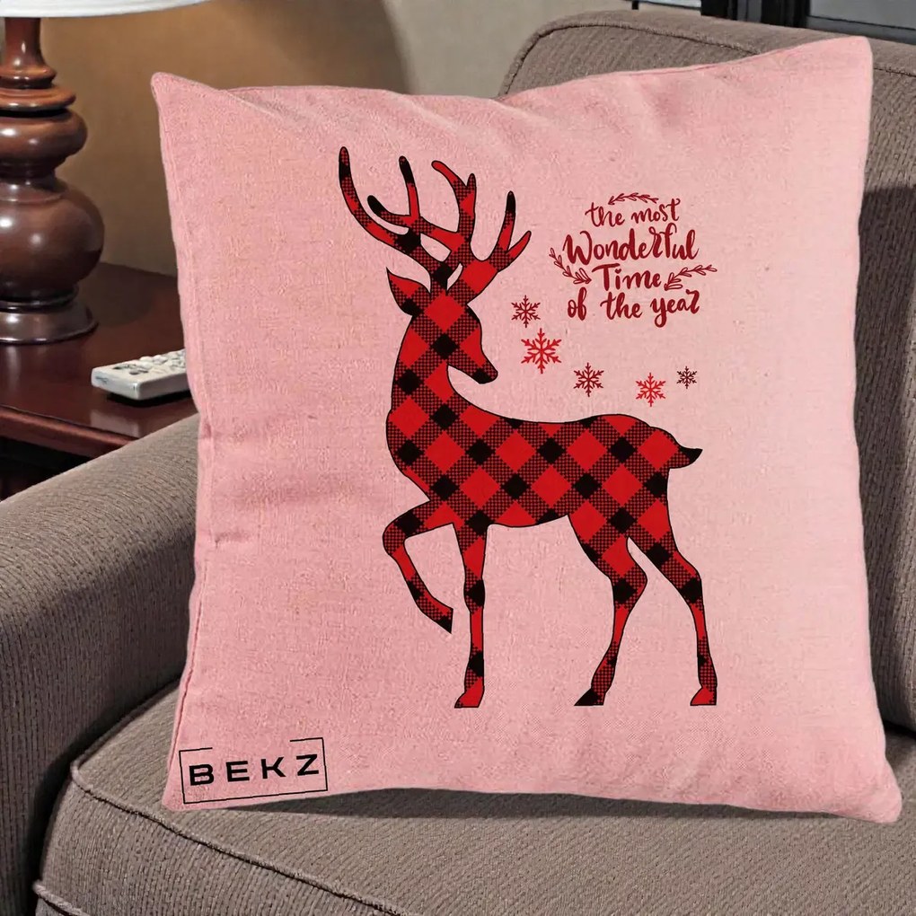 Perna Decorativa Ren Buffalo Plaid Craciun, 40x40 cm, Roz, Husa Detasabila, Perna Inclusa, BEKZ®