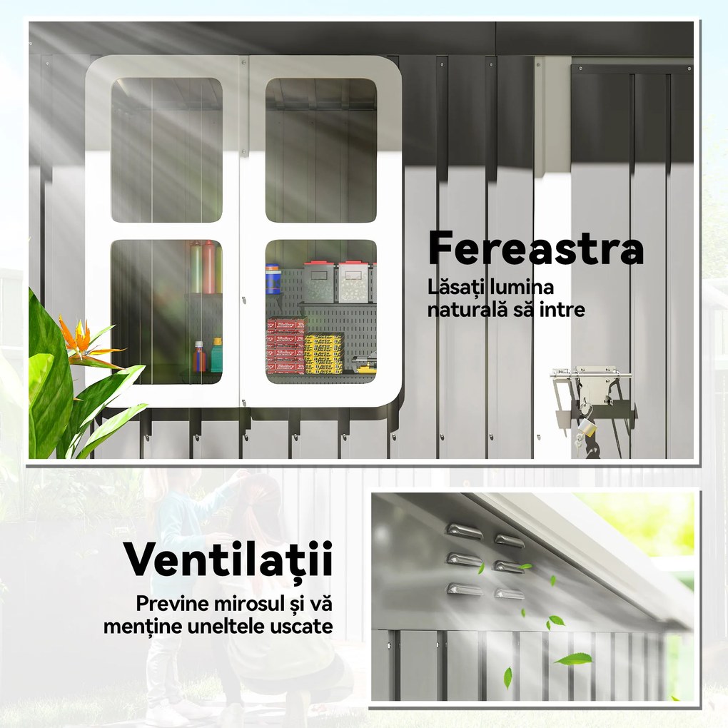Outsunny magazie grădină căsuță de grădină pentru unelte cu ușă largă și fereastră, 221x133x190 cm gri închis | Aosom Romania