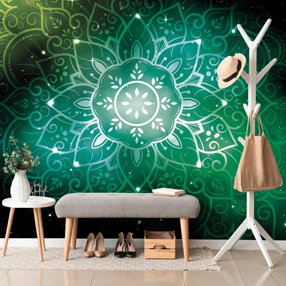 Tapet Mandala verde cu fundal galactic