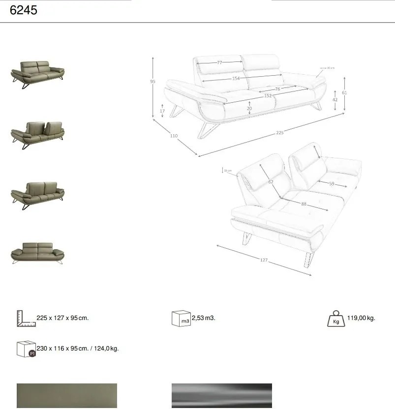 Canapea 3 locuri, tapitata cu piele naturala, spatar rabatabil Verde masliniu