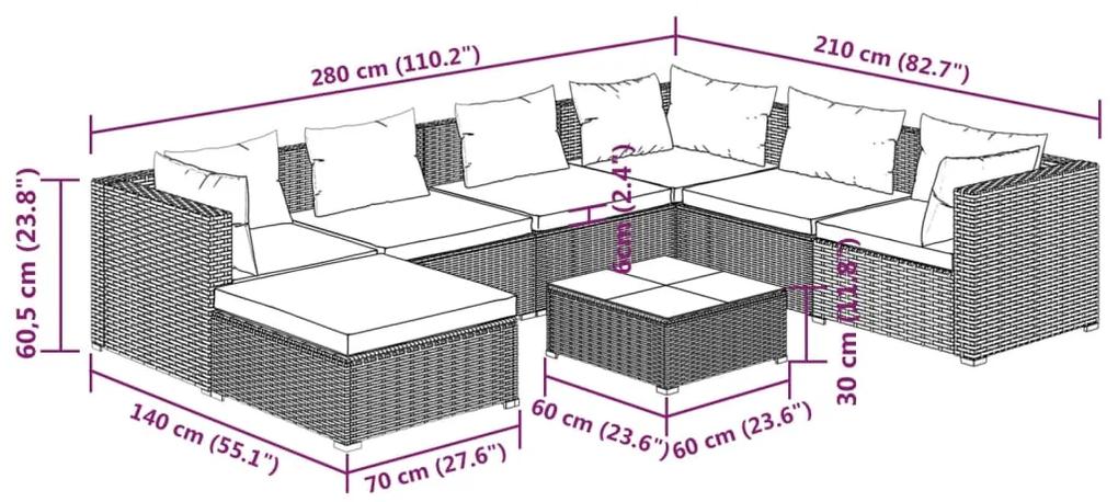 Set mobilier de gradina cu perne, 8 piese, gri, poliratan gri si bleumarin, 3x colt + 3x mijloc + suport pentru picioare + masa, 1
