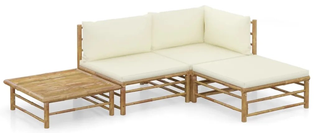 vidaXL Set mobilier de grădină, cu perne alb crem, 4 piese, bambus