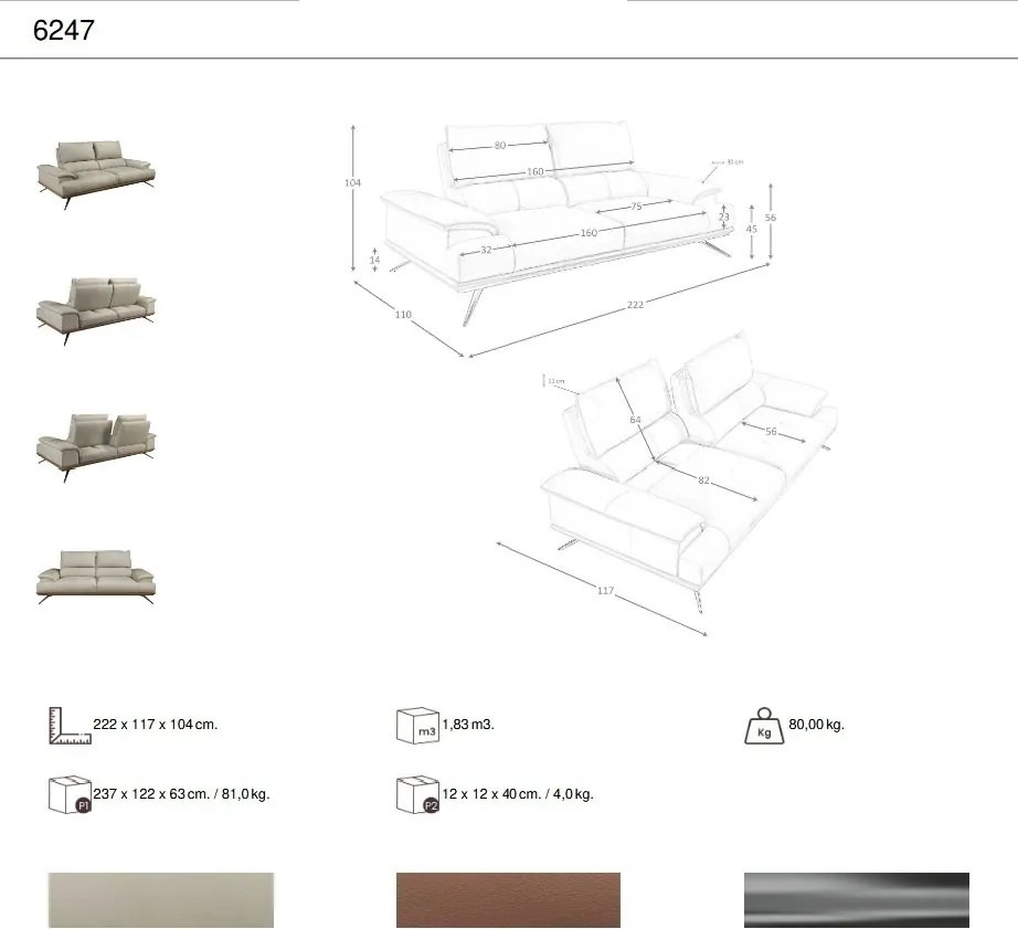 Canapea 3 locuri, tapitata cu piele naturala, spatar rabatabil Grey taupe