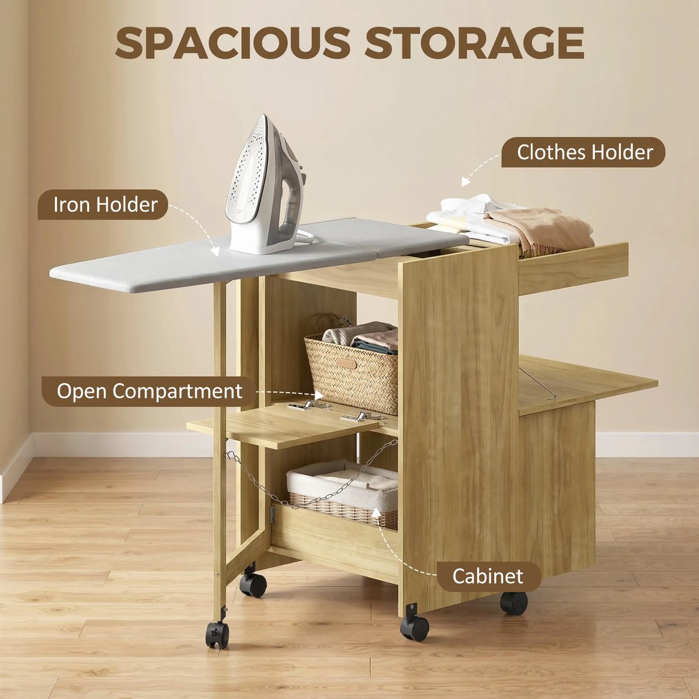HOMCOM Dulap Masă de Călcat Rabatabilă cu Roți și Suport pentru Fier de Călcat, Dulap Multifuncțional cu Rafturi, Compartiment Deschis, pentru Spălătorie, Baie, 154x55x87 cm, Lemn Natural | Aosom Romania