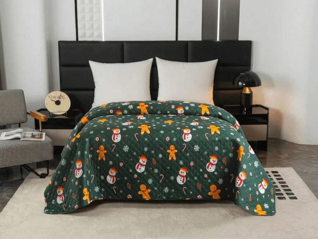 Cuvertura de pat SNOWMAN AND GINGERBREAD, verde Dimensiune: 170 x 210 cm