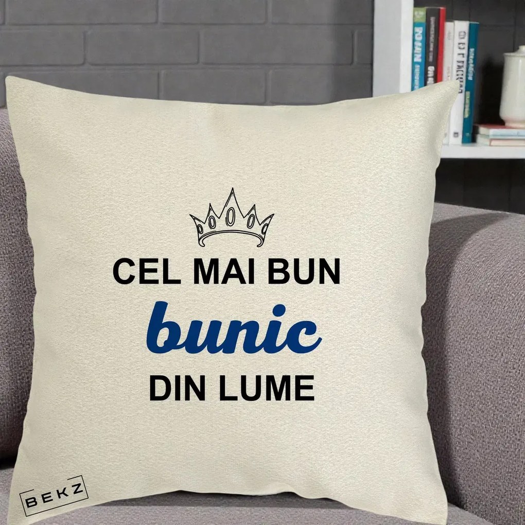 Cadou pentru Bunic - Perna Personalizata Cel Mai Bun Bunic Din Lume Coroana Albastra, 40x40 cm, Ecru, Husa Detasabila, Perna Inclusa, BEKZ®