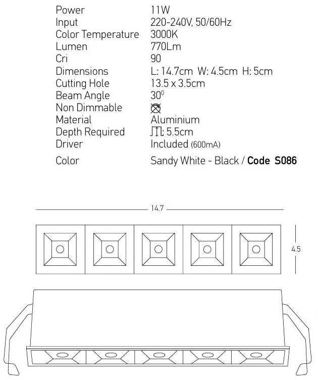 Corp incastrabil cu 5 spoturi LED Sandy White