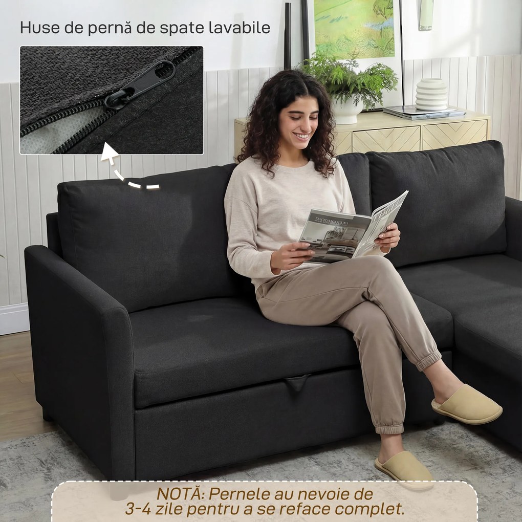 HOMCOM Canapea Extensibilă cu 3 Locuri și Șezlong Convertibil, Canapea de Colț Pliabilă cu Compartiment de Depozitare și 3 Perne Detașabile, Material Textil cu Efect de In, Living, 192x148x86cm, Gri Închis | Aosom Romania