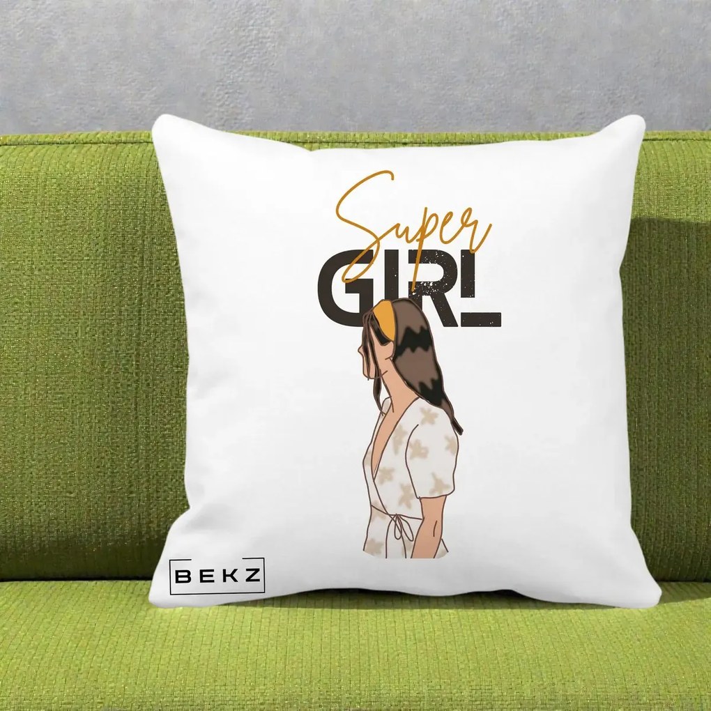 Perna Decorativa Super Girl Aesthetic, 40x40 cm, Alba Mata, Husa Detasabila, Perna Inclusa, BEKZ®