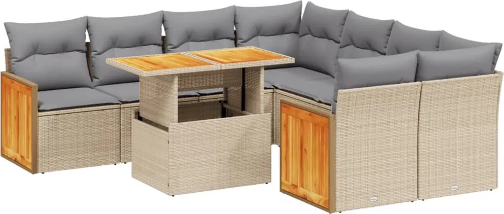 vidaXL Set canapele de grădină, 9 piese, cu perne, bej, poliratan