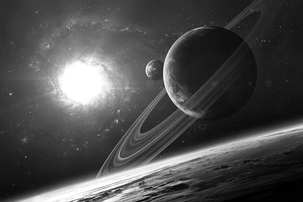 Tablou planetă în spațiu în alb-negru