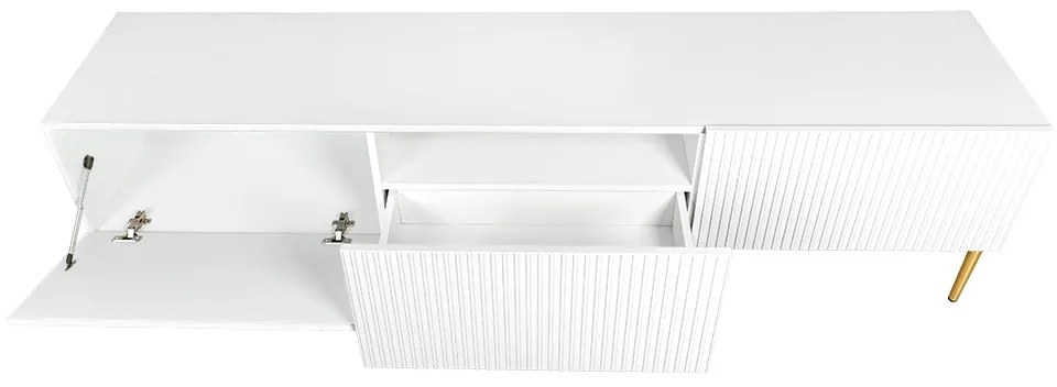 Comodă TV cu sertar Nicole 200 cm cu picioare metalice - alb mat / picioare aurii