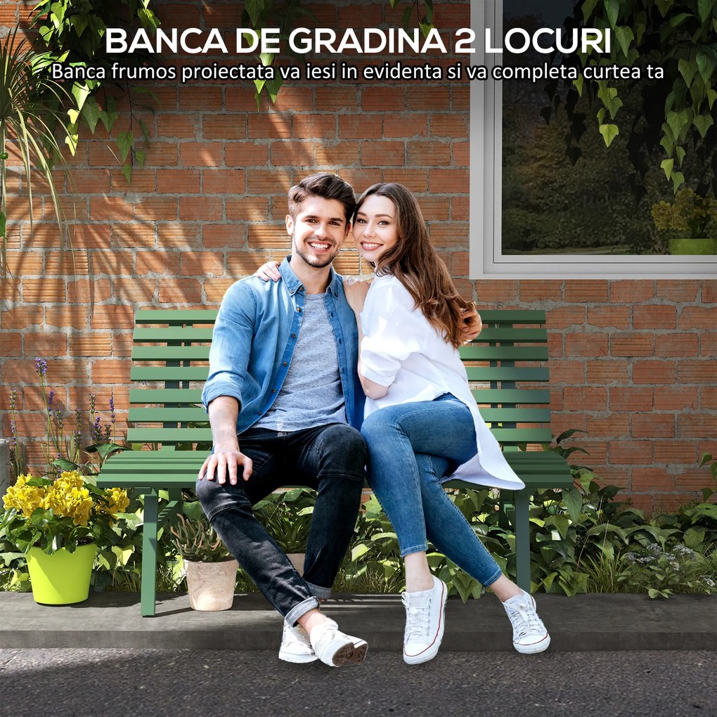 Outsunny Bancă pentru Grădină, Banca de Exterior pentru Terasă cu Șezut și Spătar cu Lamele, 123x67x79 cm, Verde | Aosom Romania