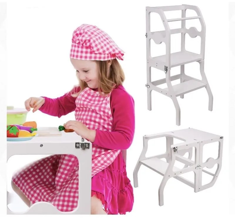 Scaun pliabil pentru copii, inaltator din lemn, 2 in 1 scaun si masa, learning tower