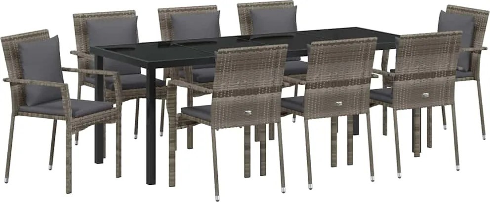 vidaXL Set de masă pentru grădină cu pernă 9 pcs Gri poliratan
